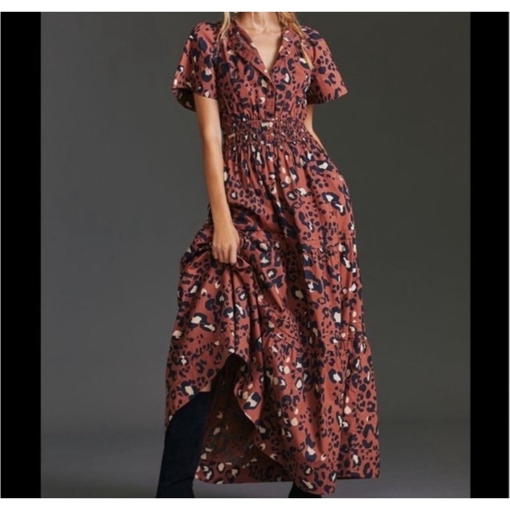 Anthropologie Somerset Maxi Dress Leopard Print Tiered Smocked Rust Brown Medium